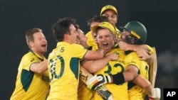Australia players celebrate after winning the ICC Men's Cricket World Cup final match against India in Ahmedabad, India, Nov. 19, 2023. 