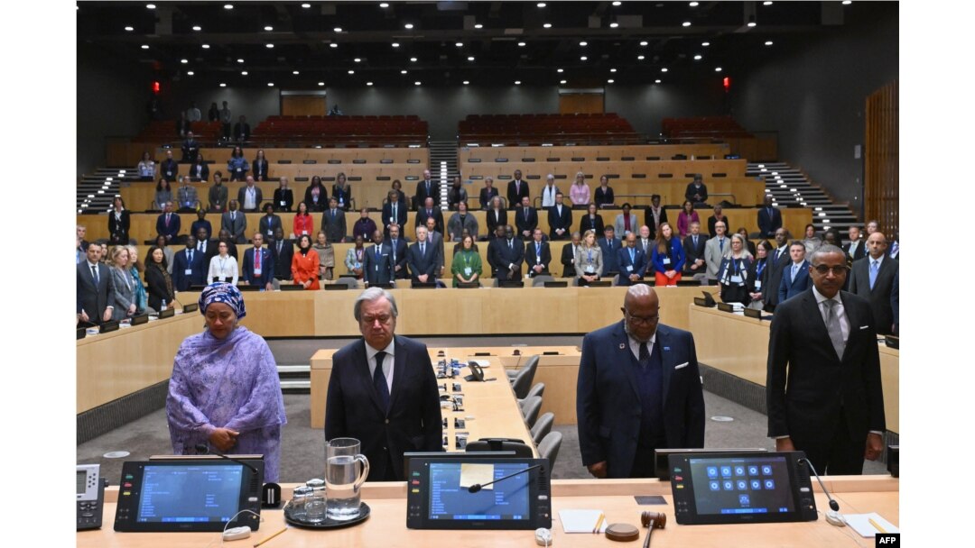 U.N. Secretary-General Antonio Guterres, 2nd left, and members of the U.N. agency observe a minute of silence in memory of colleagues killed in Gaza during the Israel-Hamas conflict, at U.N. headquarters in New York, Nov. 13, 2023.
