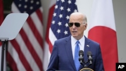 U.S. President Joe Biden speaks during a news conference with Japanese Prime Minister Fumio Kishida (not pictured) in the Rose Garden of the White House on Wednesday, April 10, 2024, in Washington.