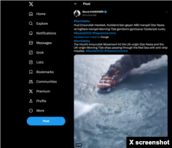 Screenshot of a Feb. 6, 2024, X post, which falsely links footage of the 2021 X-Press Pearl container ship disaster off the coast of Sri Lanka to recent Houthi attacks in the Red Sea.
