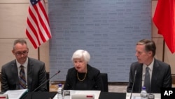 U.S. Treasury Secretary Janet Yellen, center, U.S. Ambassador to China Nicholas Burns, right, and Michael Hart, left, in Beijing, China, July 7, 2023.