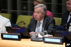 Sekretaris Jenderal Perserikatan Bangsa-Bangsa António Guterres berbicara pada KTT Masa Depan, Kamis, 21 September 2023 di markas besar PBB. (Foto: AP)