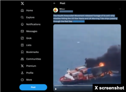 Screenshot of a Feb. 6, 2024, X post, which falsely links footage of the 2021 X-Press Pearl container ship disaster off the coast of Sri Lanka to recent Houthi attacks in the Red Sea.