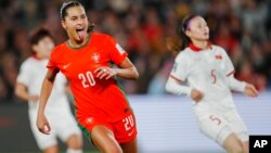 Portugal's Kika Nazareth celebrates after scoring her side's second goal during the Women's World Cup Group E soccer match between Portugal and Vietnam in Hamilton, New Zealand, July 27, 2023.