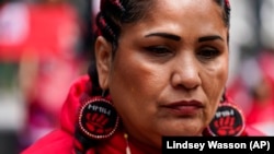 Organizer/activist Roxanne White looks on during a march for Missing & Murdered Indigenous Persons in Seattle, Washington, May 6, 2023.