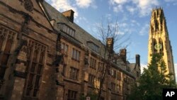 FILE - This Sept. 9, 2016, file photo shows Harkness Tower on the campus of Yale University in New Haven, Connecticut. 