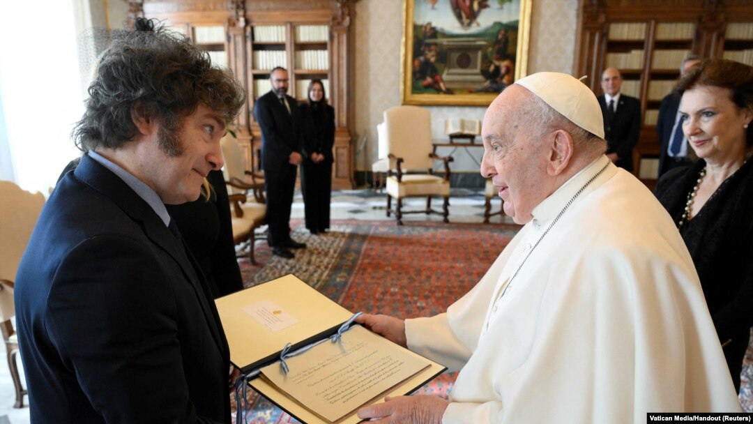 Pope Francis meets Argentine President Javier Milei at the Vatican, Feb. 12, 2024. 