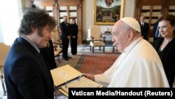 Pope Francis meets Argentine President Javier Milei at the Vatican, Feb. 12, 2024. 