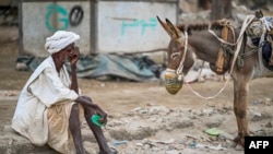 FILE - An elderly man waits to refill his donkey-drawn water tank during a water crisis in Port Sudan in the Red Sea state of war-torn Sudan on April 9, 2024.