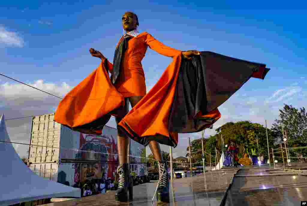 Models on the runway at the Kibera Fashion Week event in the Kibera slum of Nairobi, Kenya Saturday, Oct. 14, 2023. The event is to showcase the talent of creatives from Kibera and sharing their insights with audiences in Kenya and across the globe.&nbsp;