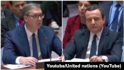 Predsednik Srbije Aleksandar Vučić i premijer Kosova Aljbin Kurti tokom sednice Saveta bezbednosti Ujedinjenih nacija o Kosovu u sedištu UN u Njujorku (Foto: Youtube/United nations)