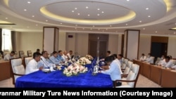 Myanmar's junta officials and the tripartite ethnic armed alliance – comprised of the Arakan Army, Ta'ang National Liberation Army, and Myanmar National Democratic Alliance Army meet in Mongla, northern Myanmar’s Shan state, June 2, 2023.