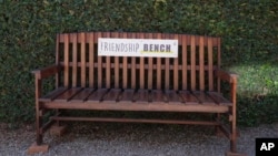 An empty bench is seen outside the Friendship Bench offices in Harare, Zimbabwe, May 4, 2024.