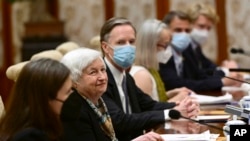 U.S. Treasury Secretary Janet Yellen, center, speaks during her meeting with China's Vice Premier He Lifeng at the Diaoyutai State Guesthouse in Beijing, July 8, 2023.