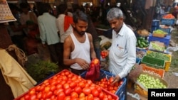  ভারতের একটি পাইকারি সবজি বাজারে টমেটো বিক্রি করছেন একজন বিক্রেতা। মুম্বাই, ২৮ মার্চ, ২০১৮। 