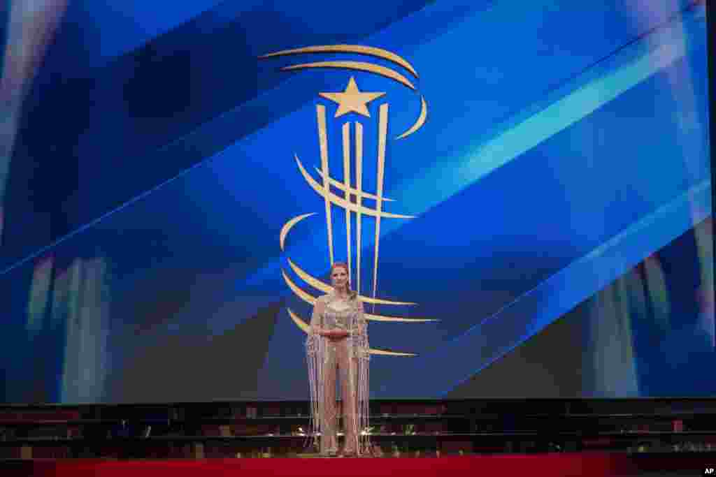 U.S. actress Jessica Chastain, chair of jury for Marrakech International Film Festival, in Marrakech, Morocco, Friday, Nov. 24, 2023. (AP Photo/Mosa'ab Elshamy)