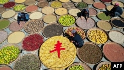 中國山東省臨沂市的農民在收穫季節晾曬農作物。