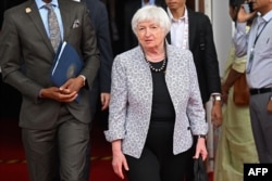 US Treasury Secretary Janet Yellen comes out during a break at the G20 Finance Ministers, Central Bank Governors (FMCBG) and Finance & Central Bank Deputies (FCBD) meetings, at the Mahatma Mandir in Gandhinagar on July 17, 2023.