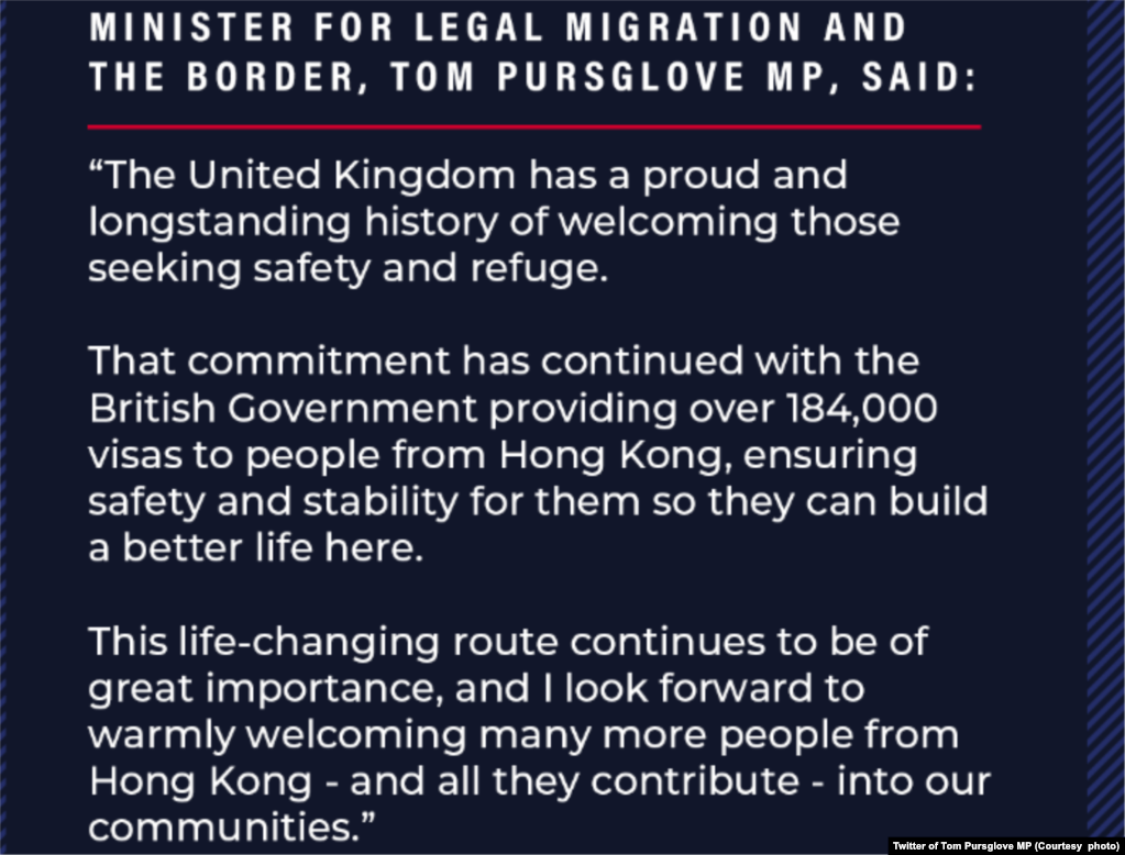 英国合法移民和边境部国务大臣汤姆·普斯格洛夫(Tom Pursglove)在其官方X社交媒体平台上对移英港人表达了良好的祝愿。(photo:VOA)
