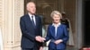 In this photo provided by the Tunisian Presidency, Tunisian President Kais Saied, left, shakes hand with European Commission President Ursula von der Leyen at the presidential palace in Carthage, Tunisia, July 16, 2023.