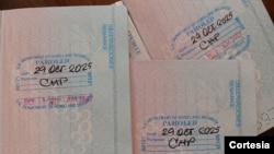 ARCHIVO - Tres pasaportes con las estampas de Inmigración que otorgan el parole humanitario a una familia de cubanos, autorizados para vivir y trabajar legalmente por dos años en EEUU, en Tampa, el 21 de diciembre de 2023.