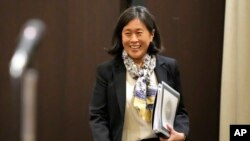 U.S. Trade Representative Katherine Tai arrives at the Foreign Correspondents' Club of Japan in Tokyo, April 20, 2023. Washington is not seeking to decouple the American economy from China’s, Tai said Thursday while on a visit to Tokyo.