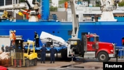 A view of the Horizon Arctic ship, as salvaged pieces of the Titan submersible from OceanGate Expeditions are returned, in St. John's harbour, Newfoundland, Canada, June 28, 2023. 