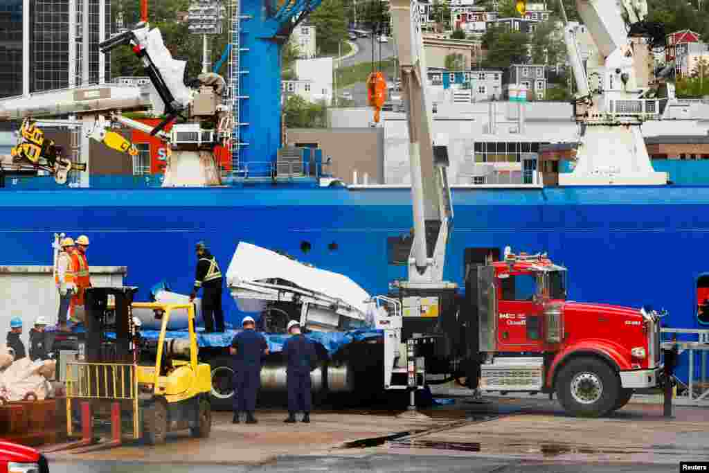 A view of the Horizon Arctic ship, as salvaged pieces of the Titan submersible from OceanGate Expeditions are returned, in St. John&#39;s harbour, Newfoundland, Canada.