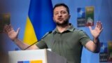 Ukraine's President Volodymyr Zelenskyy addresses a media conference at a NATO summit in Vilnius, July 12, 2023. The US and other major industrialized nations are pledging long-term security assistance for Ukraine. 