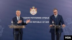 Generalni sekretar NATO-a Jens Stoltenberg i predsednik Srbije Aleksandar Vučić nakon sastanka u Beogradu (foto: Fonet)