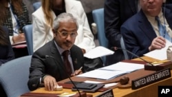 FILE - Ambassador of the United Arab Emirates to the U.N. Mohamed Abushahab speaks during a Security Council meeting at United Nations headquarters, June 6, 2023.
