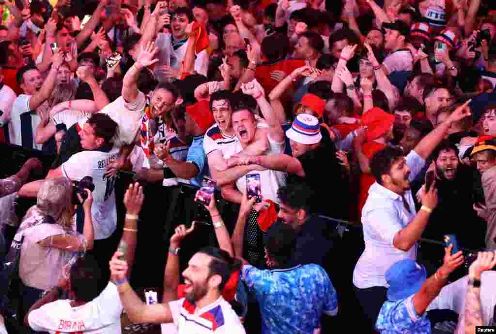 England fans celebrate in BOXPARK Wembley in London after the UEFA Euro 2024 semi-final football match between the Netherlands and England at the BVB Stadion in Dortmund, Germany, July 10, 2024.