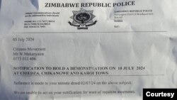 Tsamba yemapurisa eZimbabwe Police achinyima Citizens' Movement mvumo yekuratidzira.