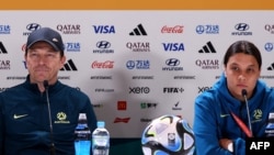 Australian women's football coach Tony Gustavsson (L) and Australia's forward Sam Kerr take part in a press conference at Stadium Australia in Sydney on July 19, 2023, on the eve of the Women's World Cup football match between Australia and Ireland. 