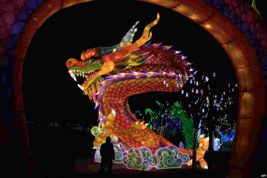 Човек поминува покрај фигура на змеј на лунарниот новогодишен саем во Пекинг, Кина.