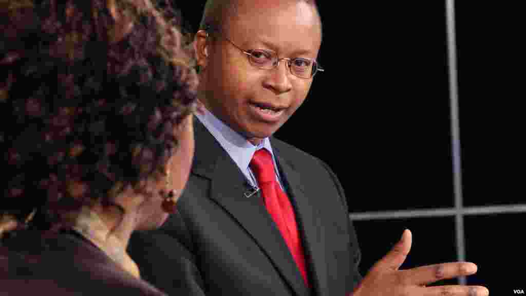 VOA&#39;s Vincent Makori, Ndimyake Mwakalyelye and Sonny Young on the set of In Focus in an undated photo.&nbsp; &nbsp;