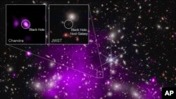 FILE - This annotated image provided by NASA on Nov. 6, 2023, shows a composite view of data from NASA’s Chandra X-ray Observatory and James Webb Space Telescope indicating a growing black hole.