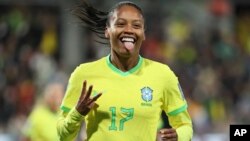 Brazil's Ary Borges celebrates her third goal during the Women's World Cup Group F soccer match between Brazil and Panama in Adelaide, Australia, July 24, 2023.