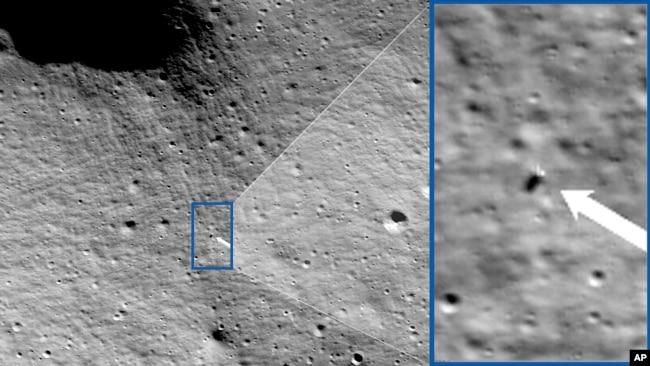 These photos provided by NASA show images from NASA’s Lunar Reconnaissance Orbiter Camera team which confirmed Odysseus completed its landing. (NASA/Goddard/Arizona State University via AP)