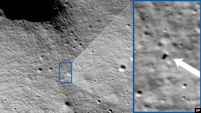 These photos provided by NASA show images from NASA’s Lunar Reconnaissance Orbiter Camera team which confirmed Odysseus completed its landing. (NASA/Goddard/Arizona State University via AP)