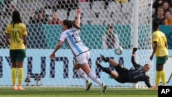 Argentina's Sophia Braun celebrates as she scores her team's first goal during the Women's World Cup Group G soccer match between Argentina and South Africa in Dunedin, New Zealand, July 28, 2023.