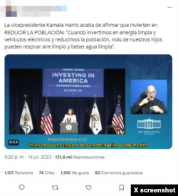 Un usuario de Twitter habla sobre el discurso de Kamala sin atribuir la corrección hecha por la Casa Blanca.