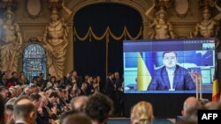 Ukrainian Foreign Minister Dmytro Kuleba addresses the Black Sea Security Conference under the auspices of Crimea International Platform via video link in Bucharest, Romania, April 13, 2023. 