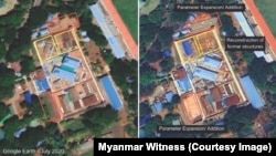 Images sourced from Google Earth of Monywa Prison in Sagaing Region, from 2020 and 2023 show new buildings and expanded perimeters marked in yellow and red boxes, respectively, by Myanmar Witness.