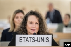 FILE - U.S. Ambassador to the United Nations Human Rights Council Michele Taylor delivers a speech in Geneva, on Oct. 9, 2023.