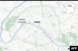 Map showing the location of the Iranian Consulate in Paris.