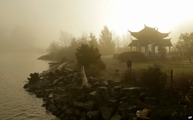 FILE - A woman walks her dog through morning fog near the Fuzhou Ting Pavilion at the Chinese Reconciliation Park in Tacoma, Wash., on Dec. 7, 2017. The pavilion was donated by officials in Fuzhou, China, one of Tacoma's sister cities.