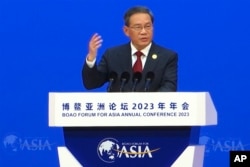 中国总理李强在海南省举办的博鳌亚洲论坛2023年年会开幕式上讲话。（2023年3月30日）