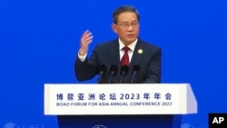 In this image taken from video, Chinese Premier Li Qiang speaks at the opening ceremony of the Boao Forum for Asia in Boao in southern China's Hainan province, March 30, 2023.