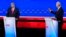 Prezidan Joe Biden, a dwat, ak kandida prezidansyel Repibliken an, ansyen Prezidan Donald Trump, a goch, patisipe nan yon deba prezidansyel ke CNN oganize nan Atlanta, 25 Jyen 2024. 